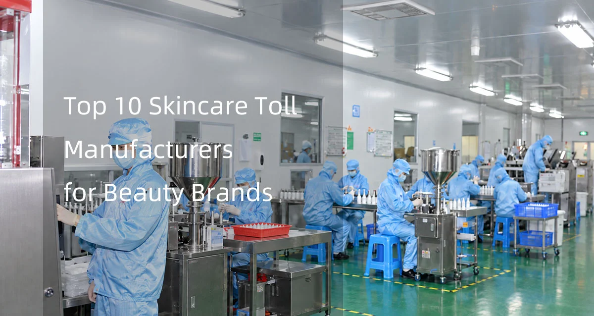 Workers in protective blue gear inside a modern skincare manufacturing facility operating machinery and assembling products.